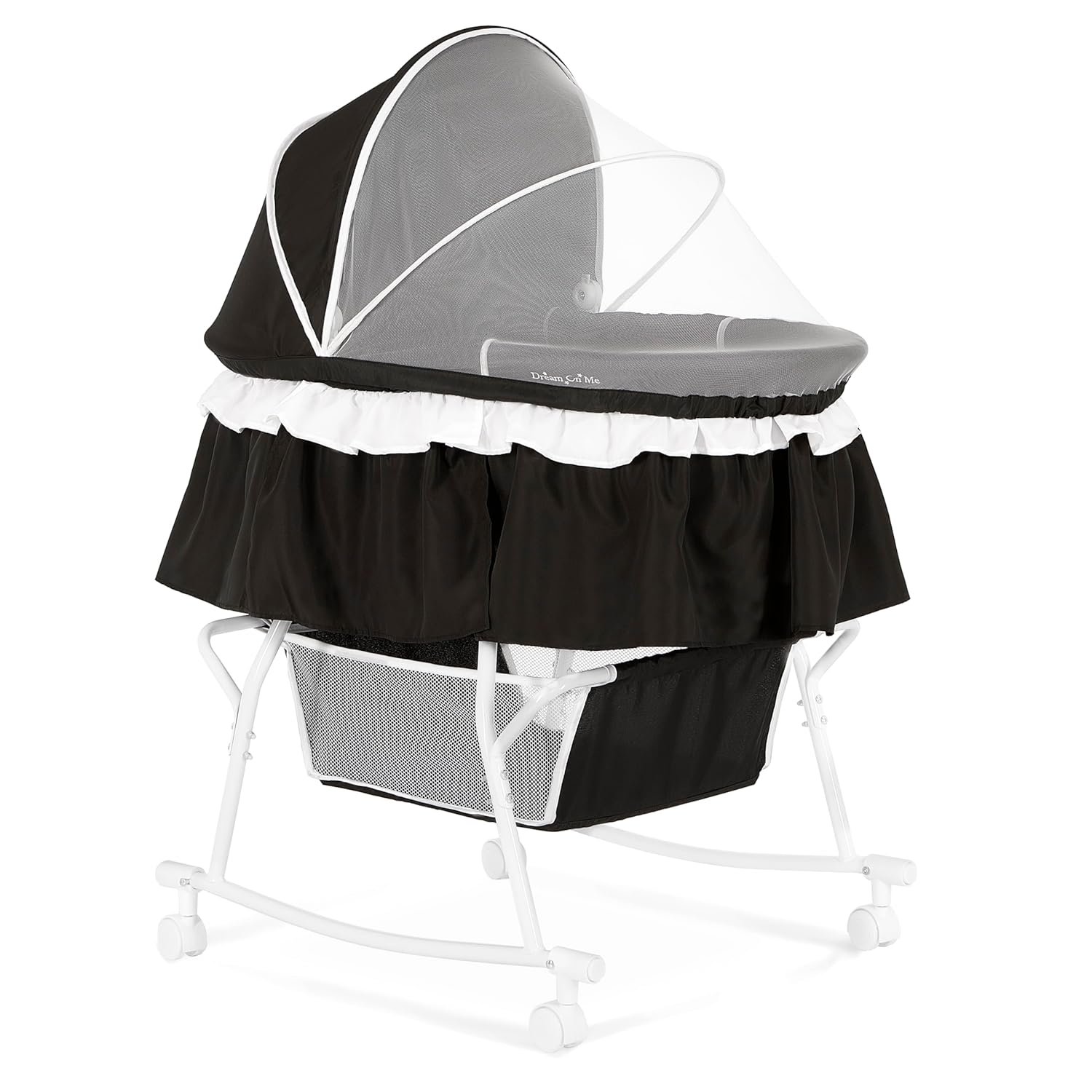 Dream On Me Lacy Portable 2-in-1 Bassinet & Cradle with Full Canopy, Storage Basket, Locking Wheels, Lightweight Frame, JPMA & BSA Certified, Includes 1” Mattress Pad – Black
