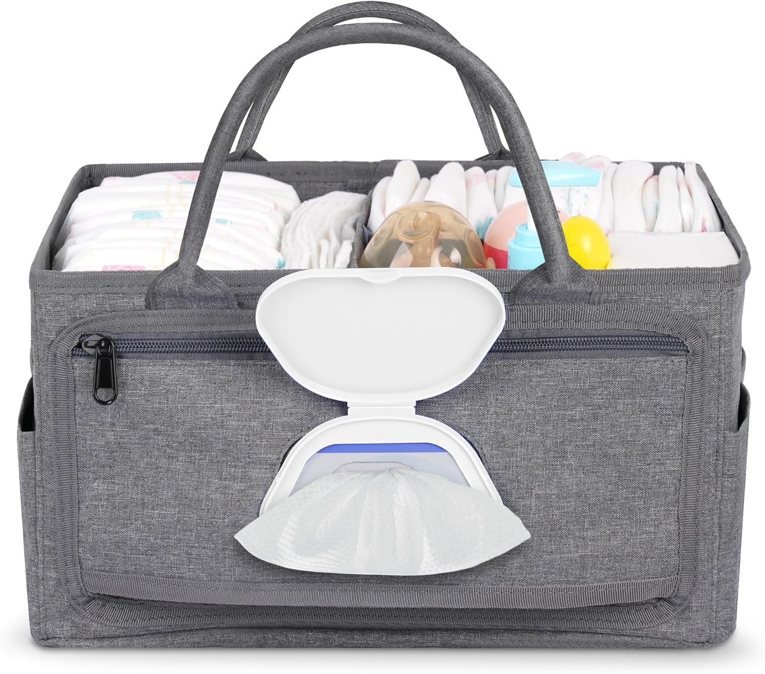 Diaper Caddy with Wipe Dispenser One-Handed Access, Premium Diaper Organizer, Portable Car Organizer Nursery Basket for Newborn Essentials, Baby Registry Must Haves for Boys & Girls,Grey