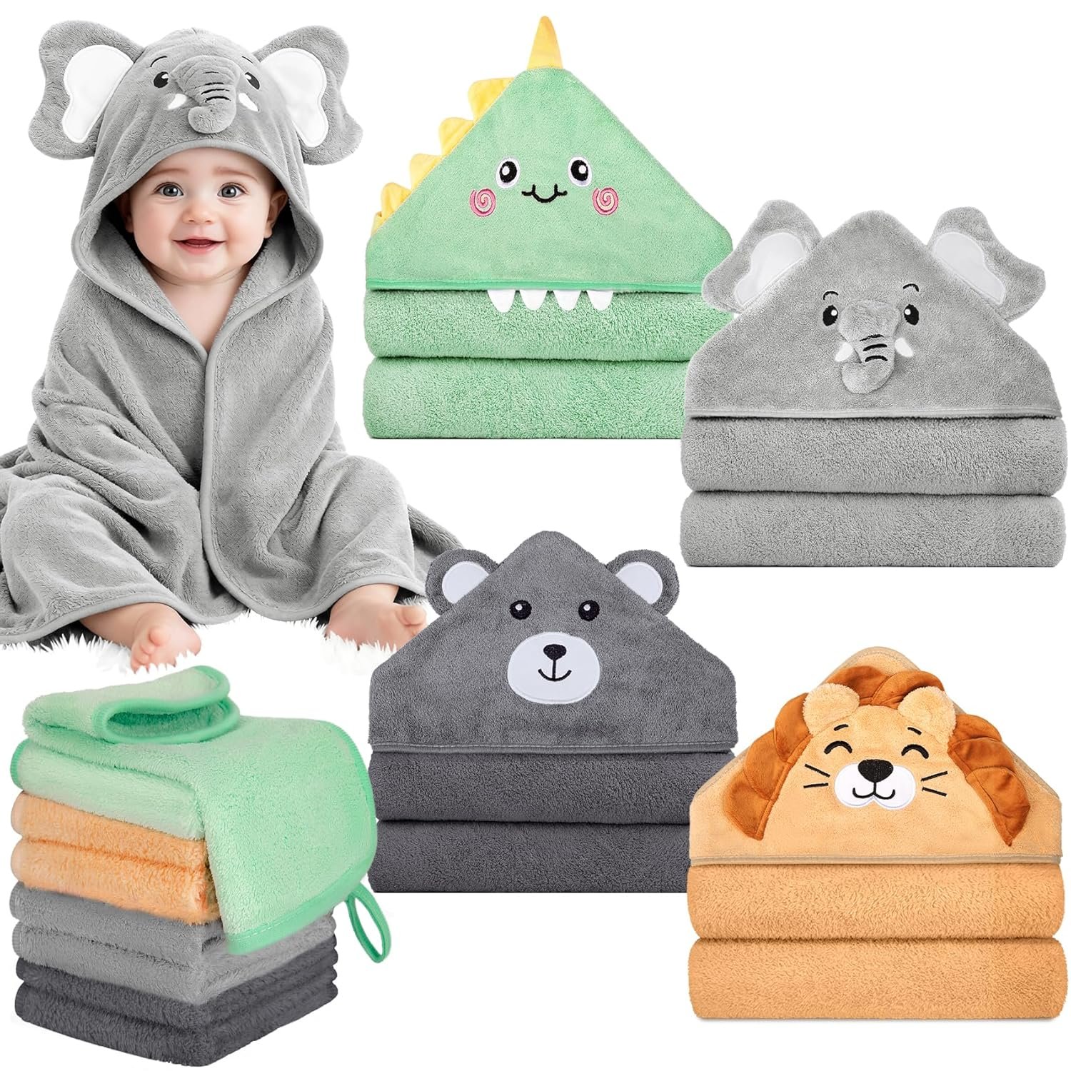 CandyHome 12 PCS Baby Bath Towels Set for Infants Toddlers, 4 PCS Animal Hooded Baby Towels & 8 PCS Washcloths Set, Ultra Absorbent Cute Soft Newborn Bath Essentials Gifts for Boys & Girls