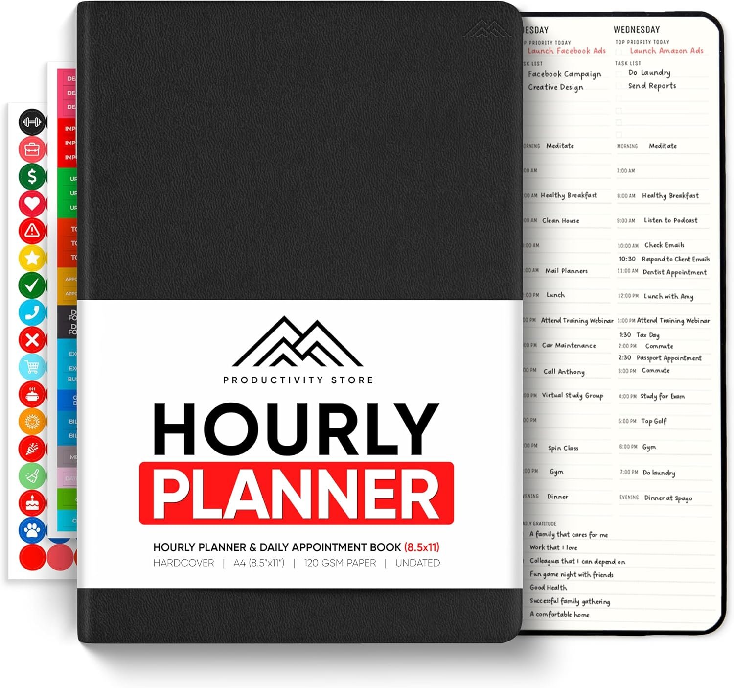 Hourly Planner & Appointment Book (8.5” x 11”) – Premium Hourly Planner with Daily Schedule & 30-Minute Time Slots for Better Time Management by PRODUCTIVITY STORE (A4, Black)