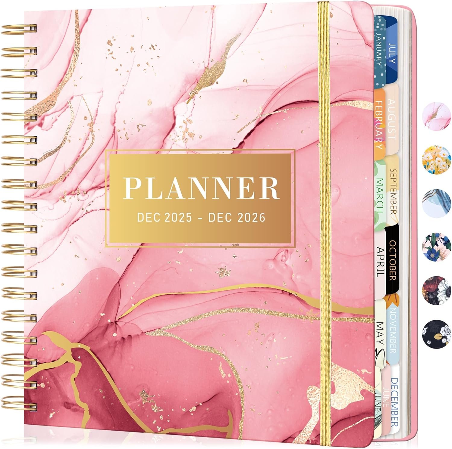 CAGIE 2026 Planner Weekly and Monthly Dec 2025–Dec 2026 Hardcover Planner with Pockets, 13 Month Large Pink Marble Calendar Planner with Stickers Tabs, Spiral Bound Yearly Calendar Planner​ for Women, 8.3″ x 9.3″