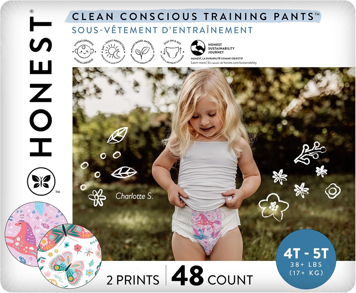 The Honest Company Clean Conscious Training Pants for Sensitive Skin, Hypoallergenic, Fragrance-Free, Magical Moments Butterfly Kisses, Size 4T/5T (38 lbs), 48 Count