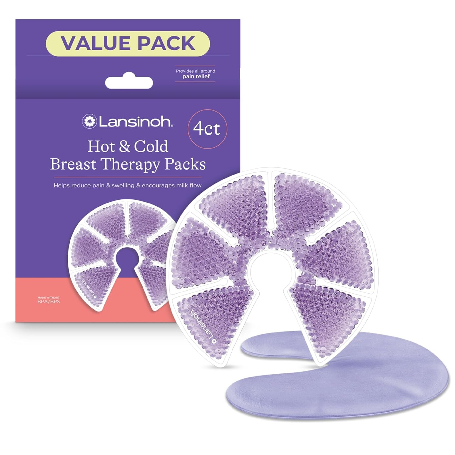 Lansinoh Breast Therapy Packs, Hot and Cold, 4 Pack | Includes 2 Soft Covers | Postpartum Essentials | Relieves Nipple Pain | Breastfeeding Aid