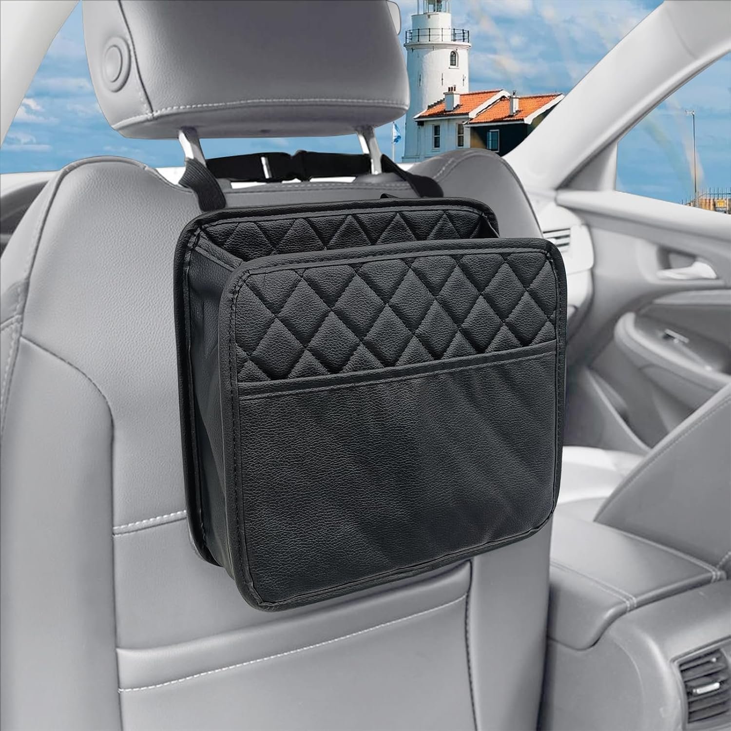 Car Seat Organizer Backseat, PU Leather Hanging Storage Bag with Multiple Pockets, Multipurpose Waterproof Car Organizer Foldable 2.14 Gallon Large Capacity Auto Accessories for Most Cars