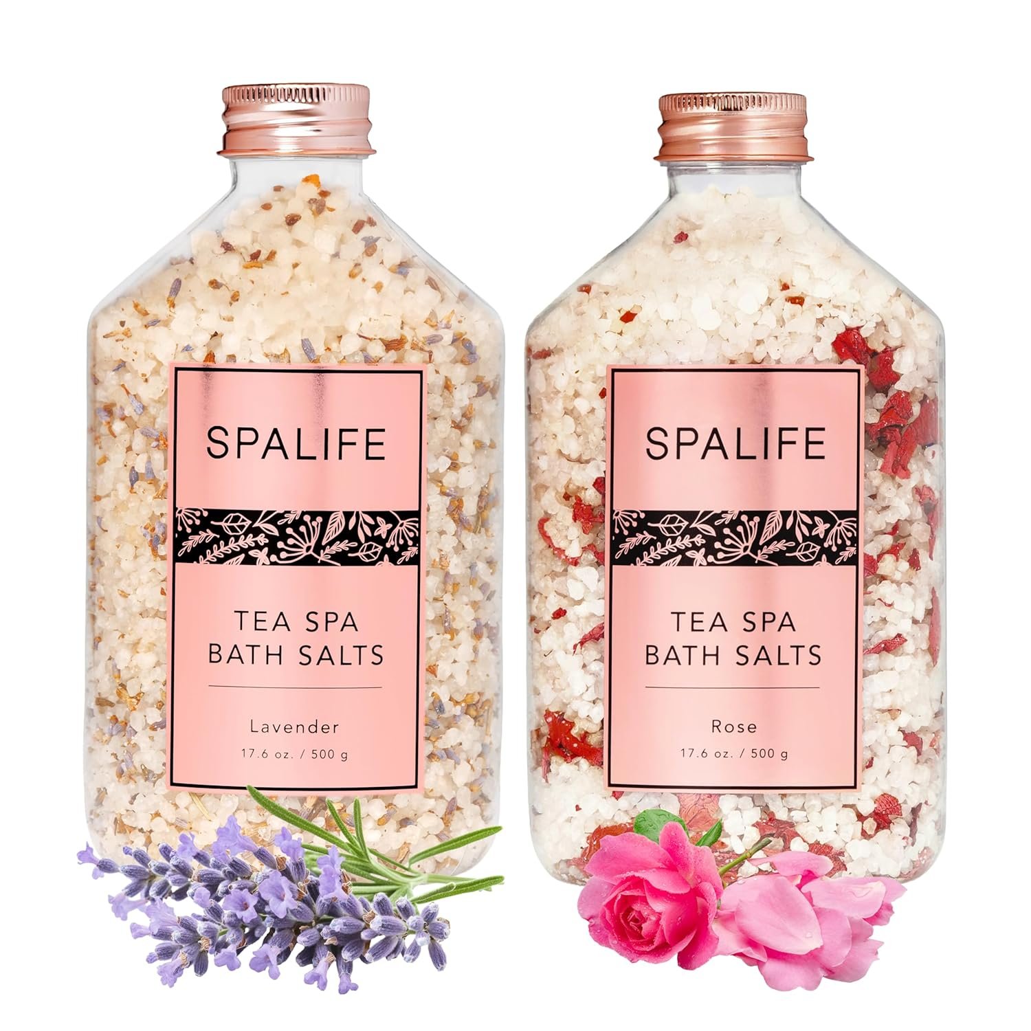 SpaLife Effervescent Rose & Lavender Bath Salts for Women Relaxing | All Natural Aromatherapy Dead Sea Salt Bath Soak Duo | Real Flower Petals for Relaxing Mineral Baths | 2-Pack (35.2 oz)