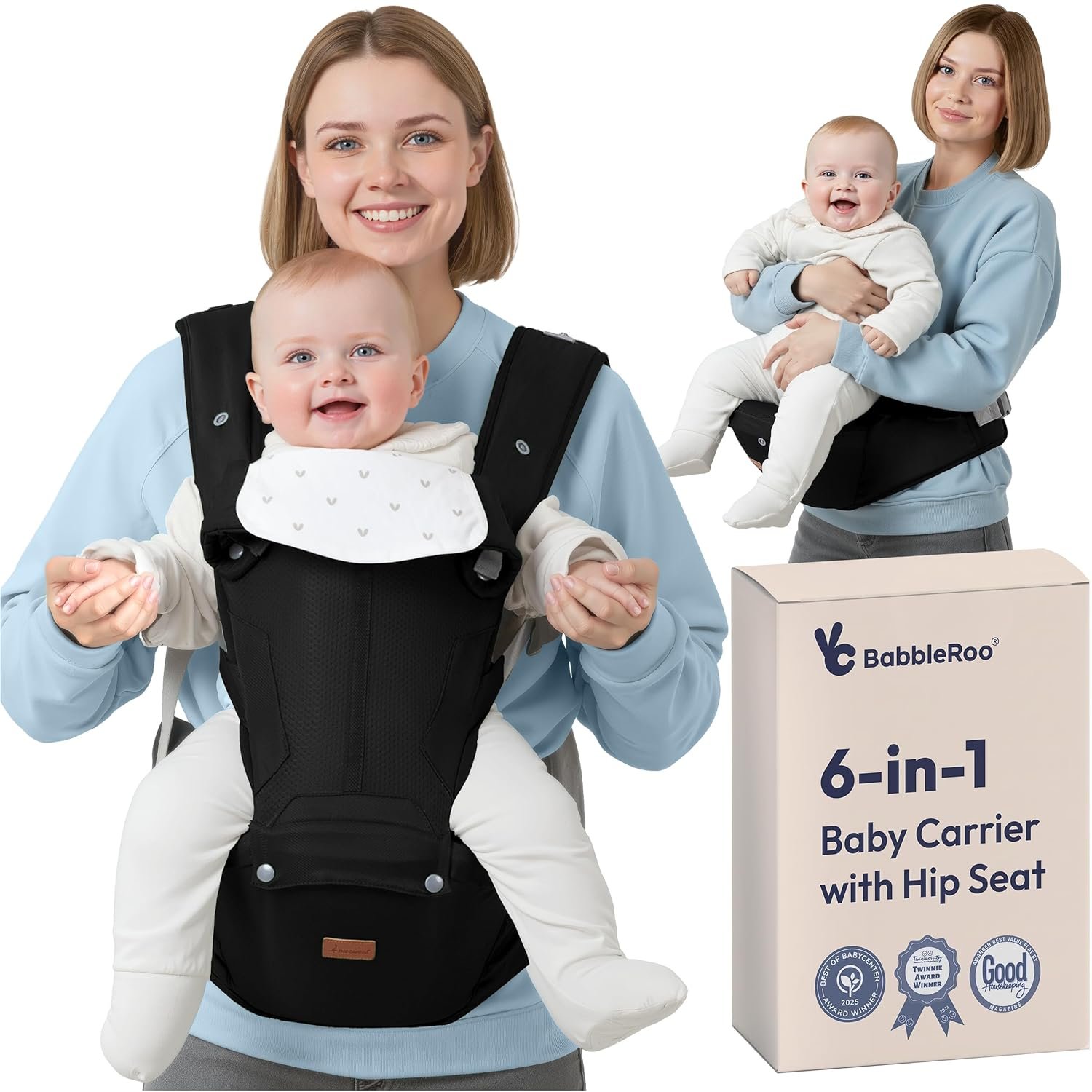 BabbleRoo Grow Carrier – Safety-Certified 6-in-1 Toddler & Baby Carrier with Hip Seat, Ergonomic & Adjustable Toddler Carrier 7-50 lbs with Hip Support, Hood for Sun Protection, Newborn to Toddler