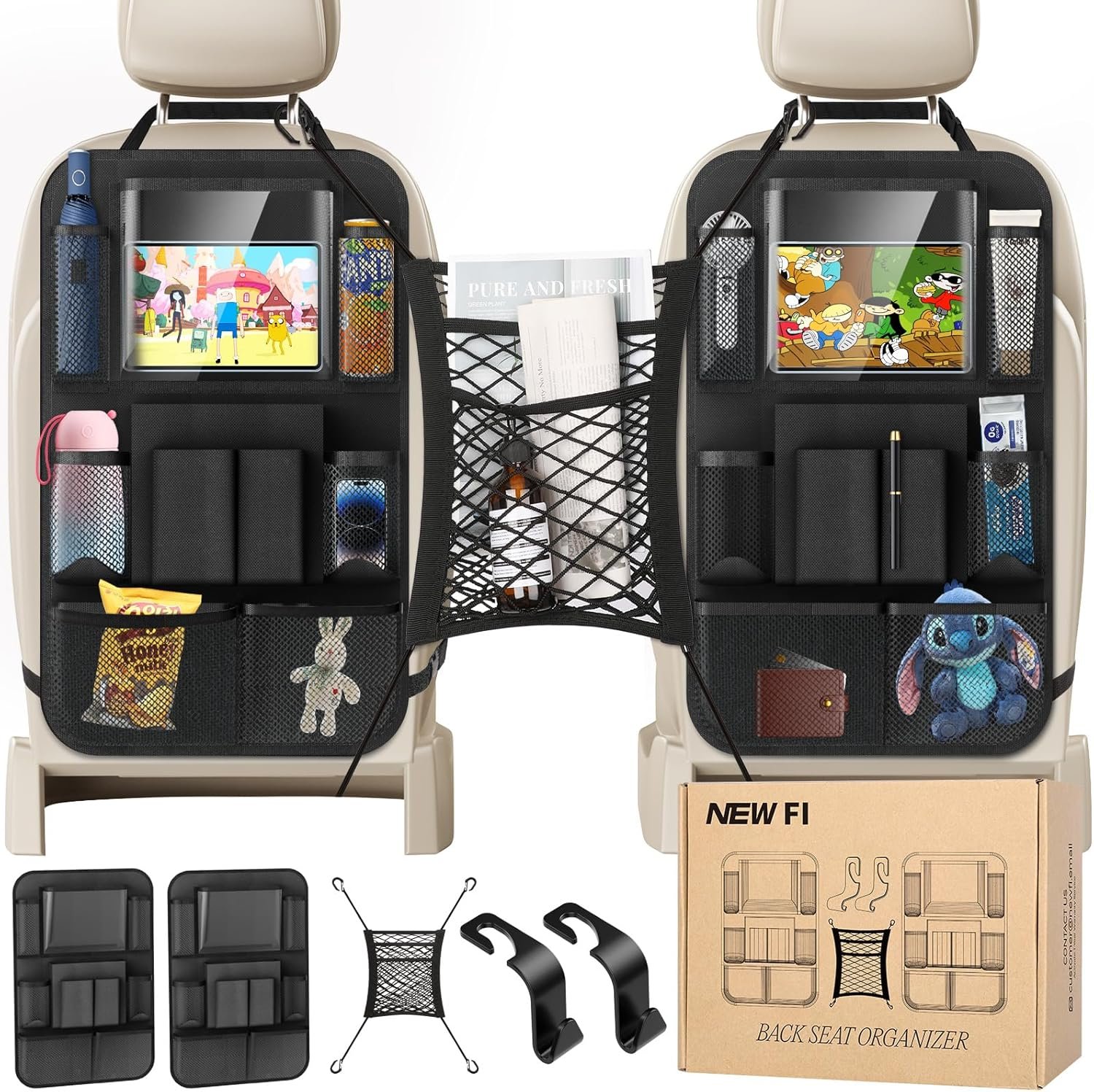 New Fi Backseat Car Organizer(20 Storage Pockets),Come with Free 1 Seat Net and 2 Headrest Hook, Touch Screen Tablet Holder, Divider for Driving Safely Children & Pets…, Car Organizer (black)