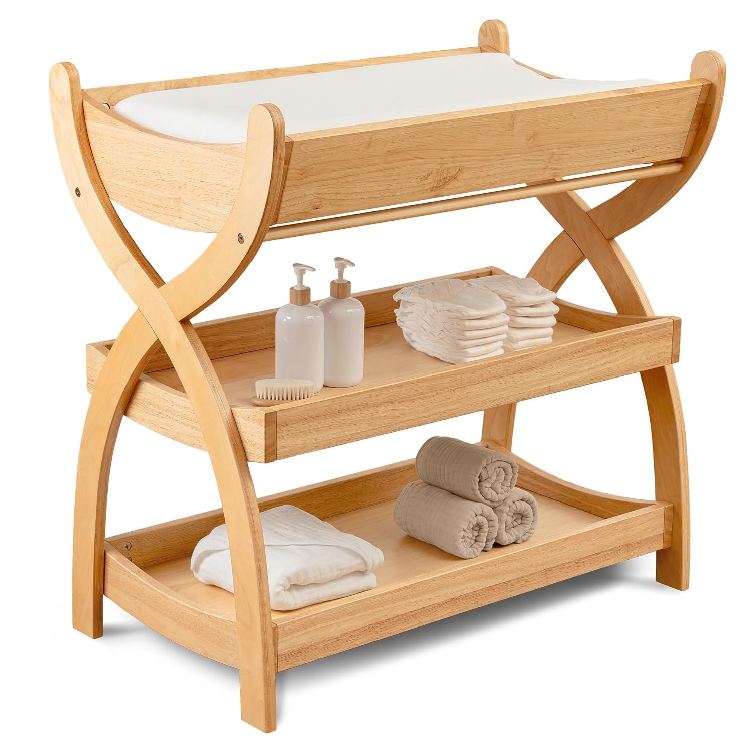 Comfy Cubs Baby Changing Table – Sturdy Wood Construction, Timeless Look Baby Change Table with Two Open Shelves for Infant Daycare Essentials Storage – Natural Wood