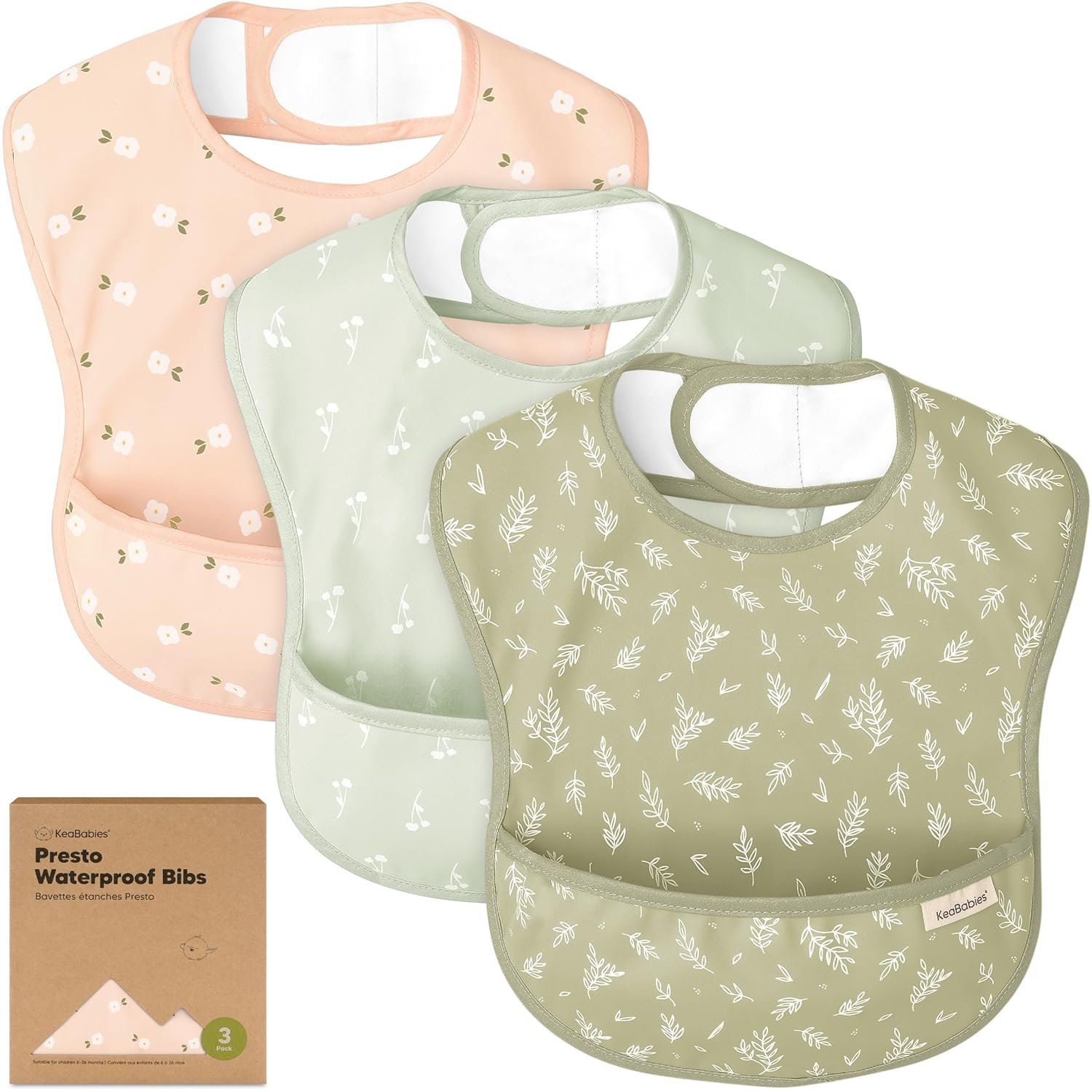 KeaBabies 3-Pack Waterproof Baby Bibs for Eating – Lightweight Toddler Feeding Bibs with Large Food Catcher, Mess Proof, Food-Grade Baby Eating Essentials, Easy to Put On & Clean (Bloom)