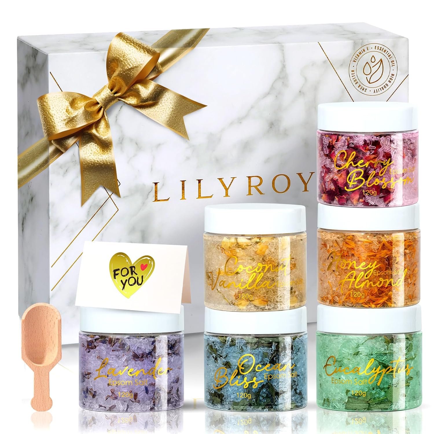 Valentines Day Gifts for Women – 9-Piece Floral Epsom Salt Gift Set for Women with 6 x 120g Epsom Salt, Bath and Body Gift Set in Elegant Box | Christmas, Mothers Day, Birthday Gifts for Men