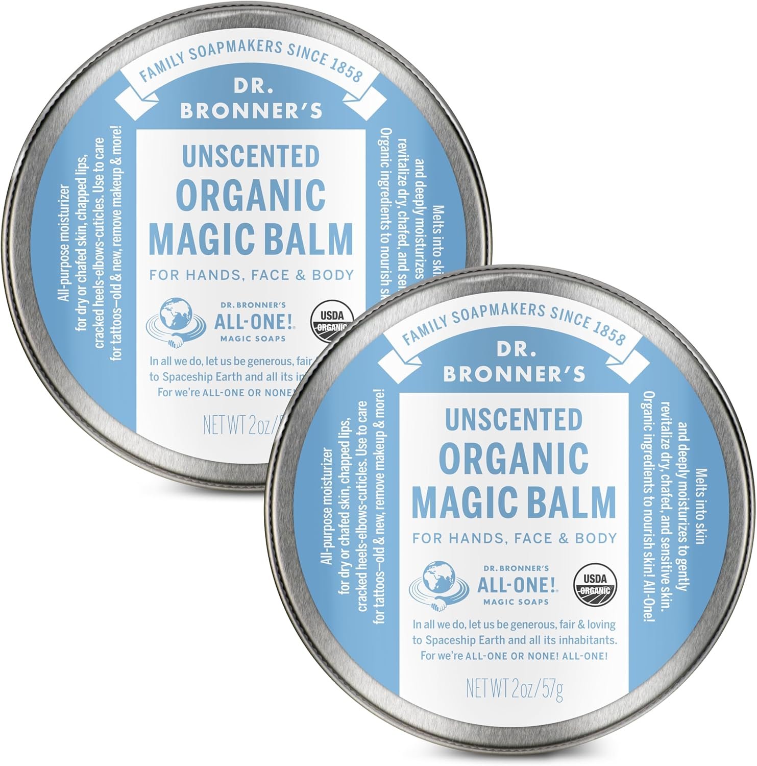 Dr. Bronner’s – Organic Magic Balm – Baby Unscented, Made with Organic Beeswax & Hemp Oil, Moisturizes & Soothes Hands, Face & Body (2 oz, 2-Pack)