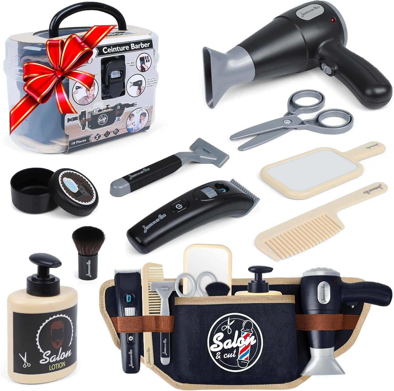 Kids Barber Shop Pretend Play Toy with Toolbelt, Kids Shaving Kit for Boys, Haircut Kit for Boys 3+ Year Old Birthday Gift, Hair Salon Toddler Play Set, with Storage Box for Role Play, Black